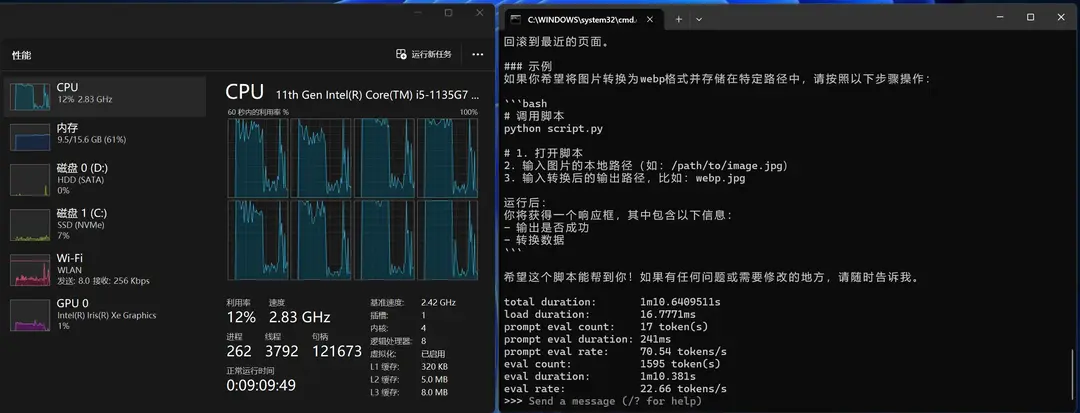 11 代英特尔 i5 笔记本 CPU 硬解 deepseek 1.5b